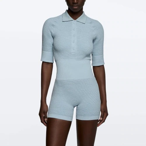 Waffle Wellness Short Jumpsuit - Sky Blue