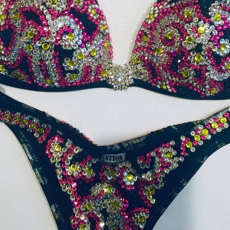 Scroll Black, Pink & Yellow Crystal Suit - MyProSuit